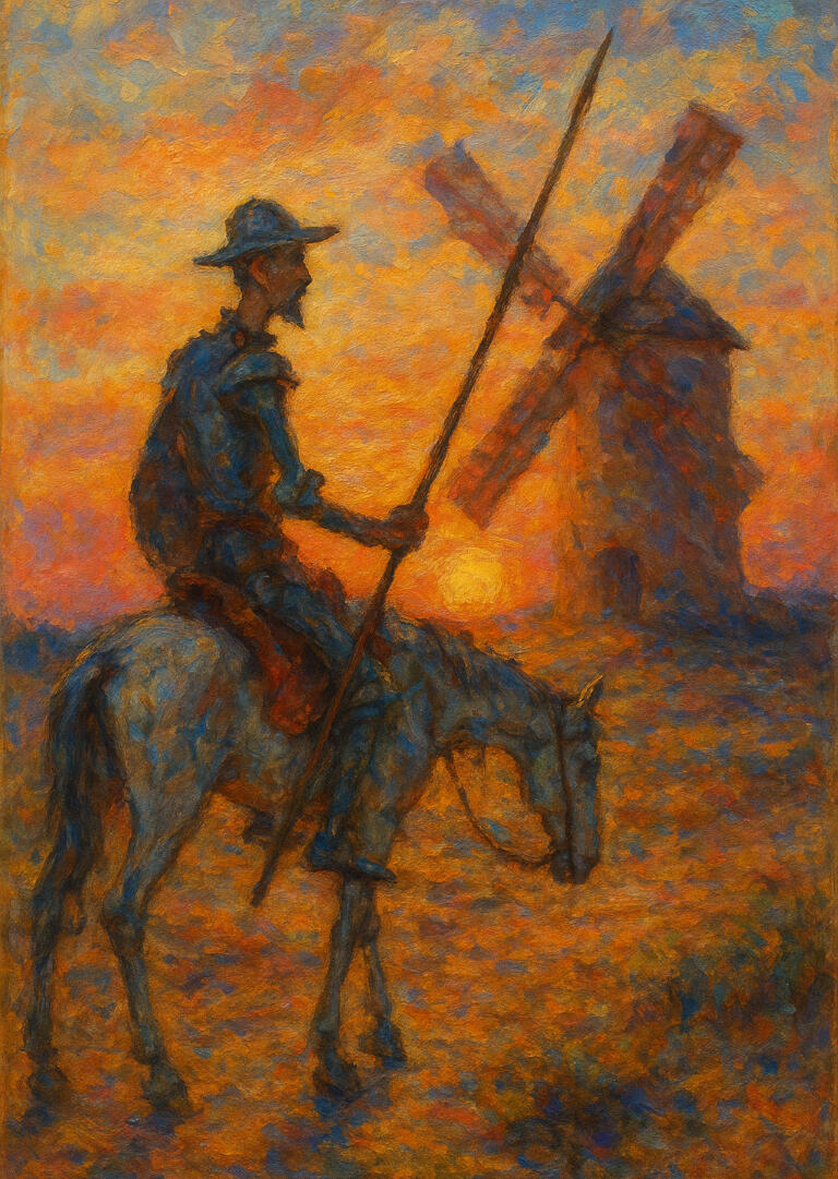 Don Quixote tilting at windmills