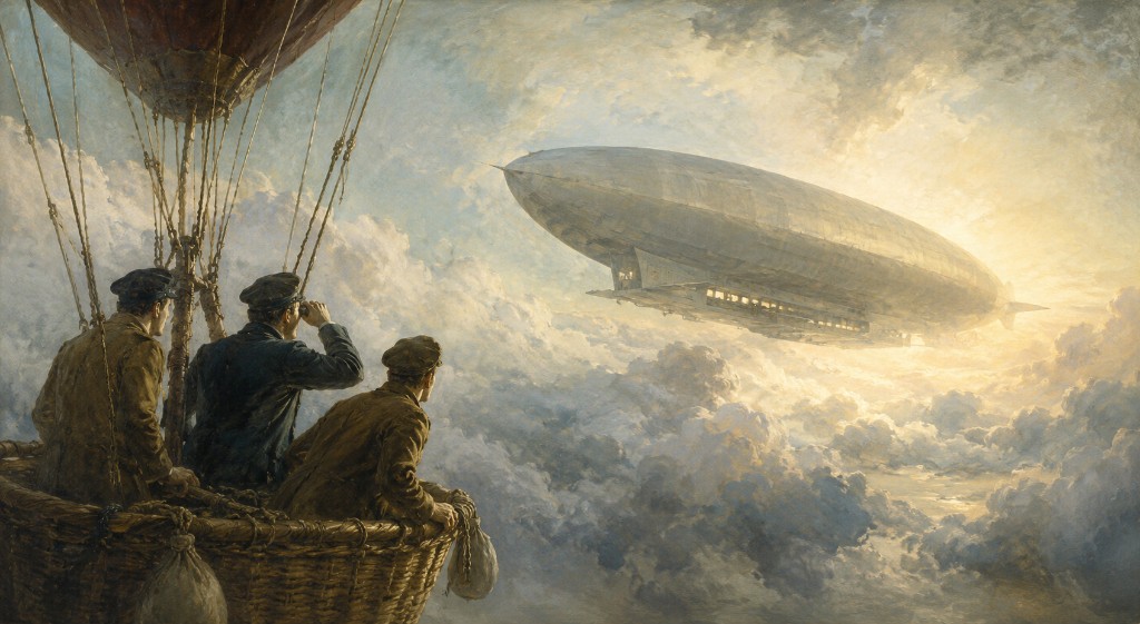 Balloonists encounter a vast airship above the clouds