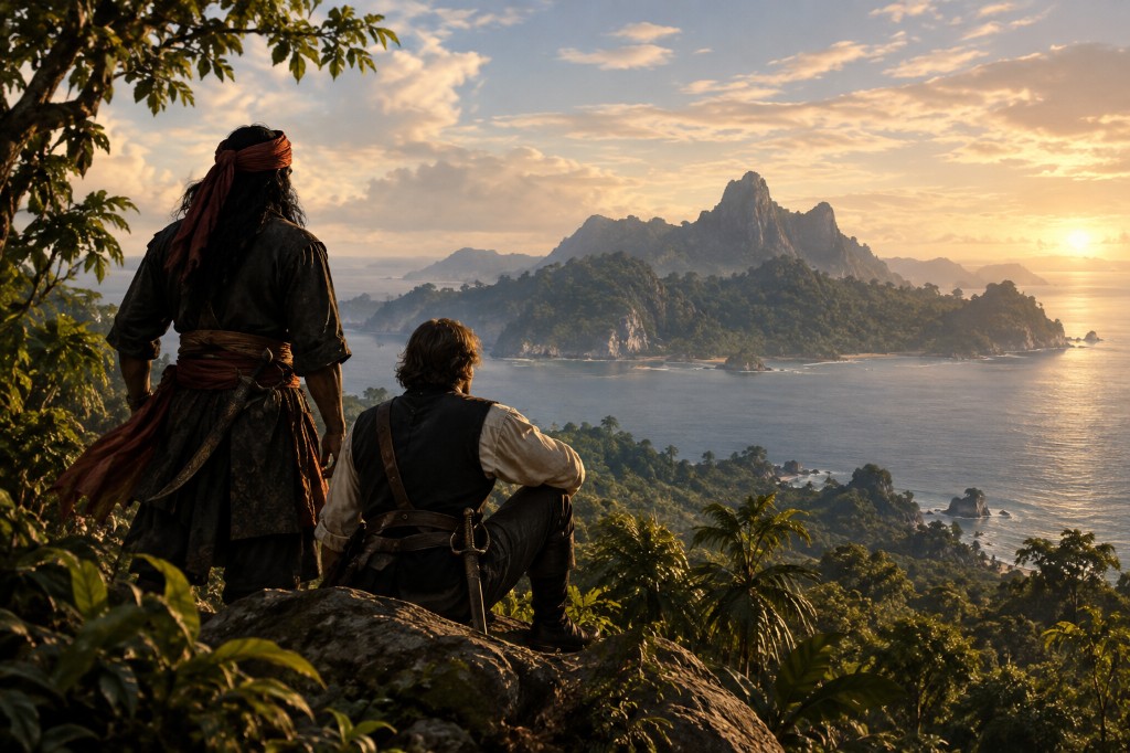 Sandokan and Yanez overlooking a tropical archipelago at sunset