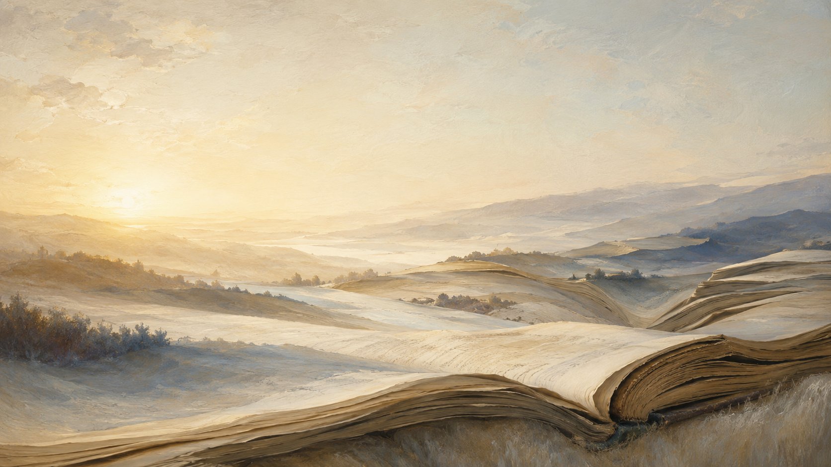 An open book dissolving into a dreamlike landscape