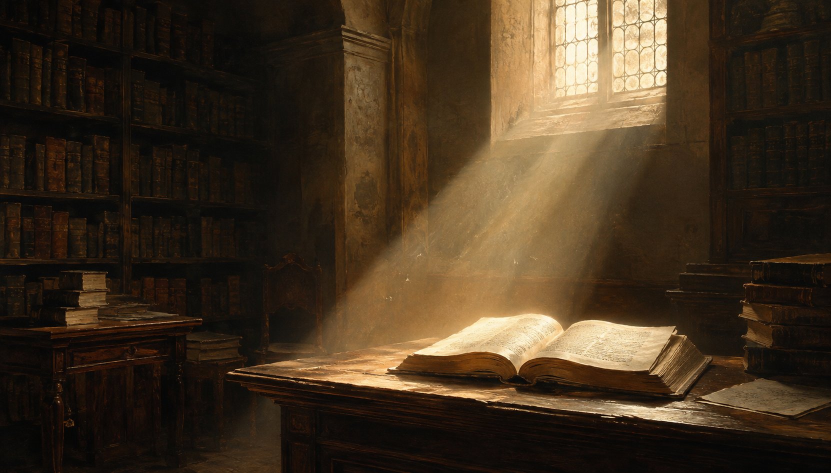 An open book illuminated by a shaft of sunlight in a dark library