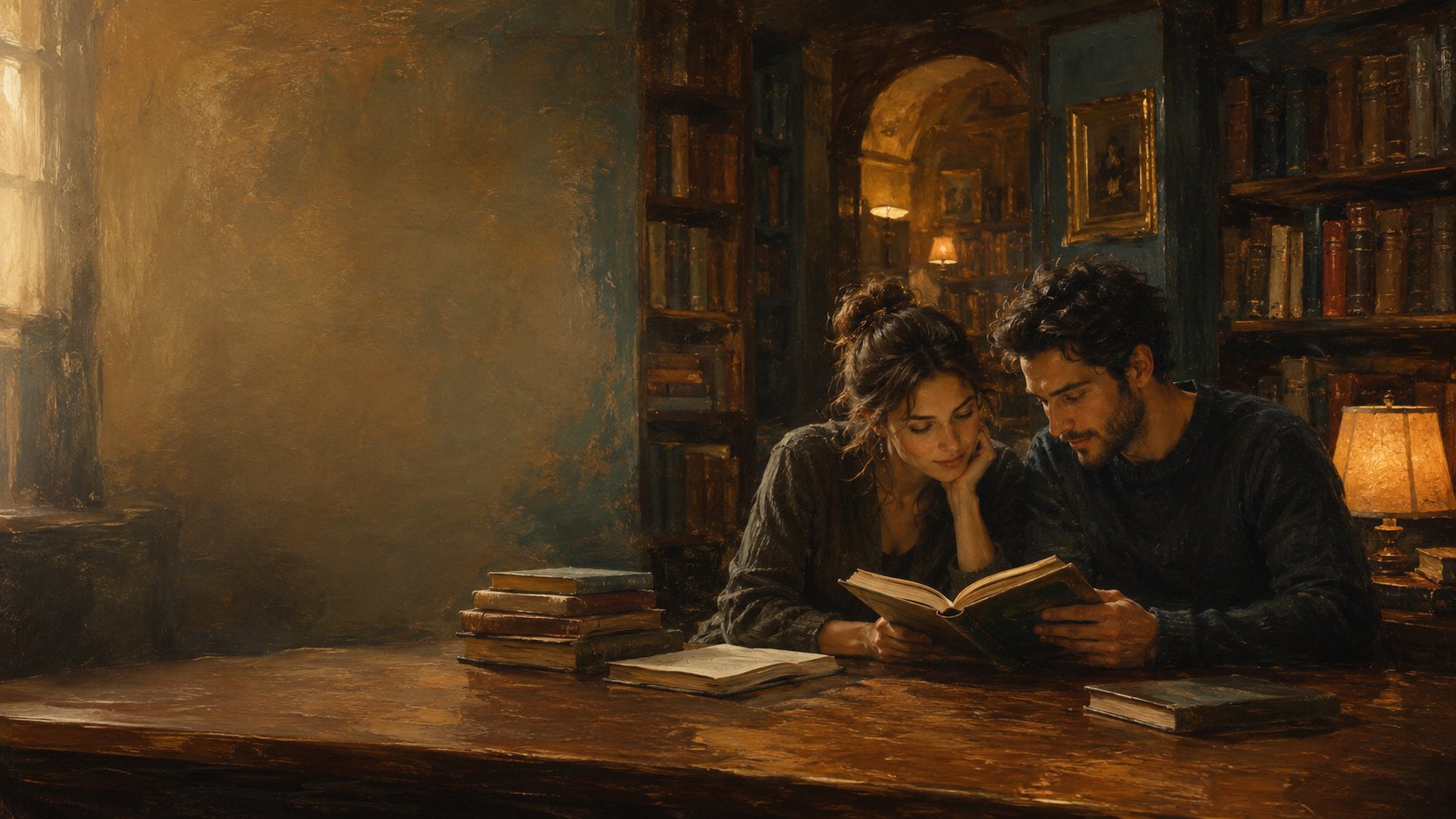 Two readers sharing a book in an old library