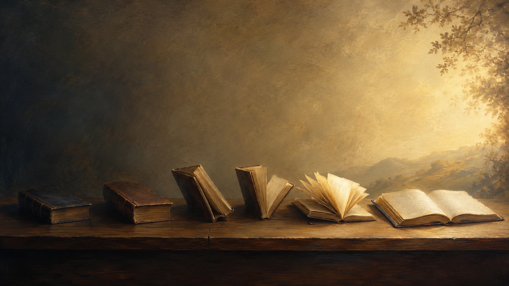 A sequence of antique books opening from closed to fully open