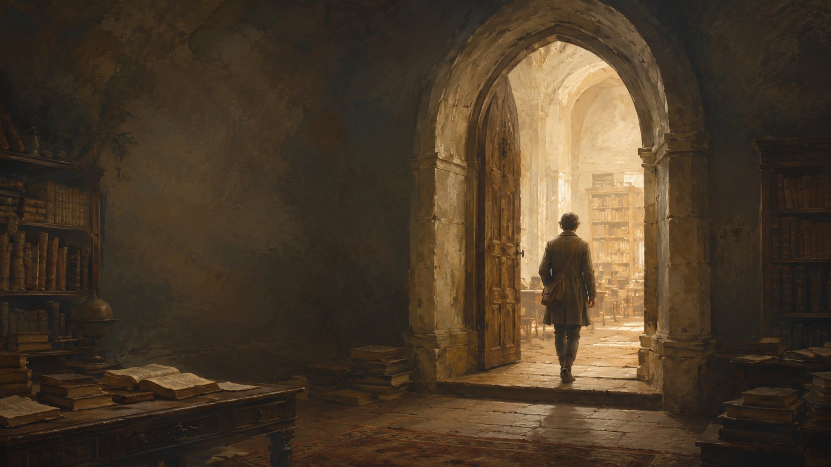 A reader walking from a shadowed study into a sunlit library