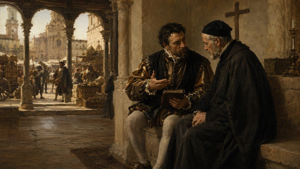 A merchant and his confessor in conversation, with a Renaissance marketplace beyond the cloister