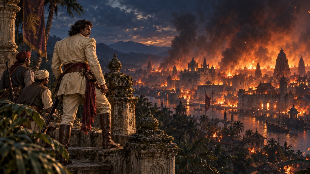 Yanez and companions overlook Assam's capital ablaze under a smoky sky