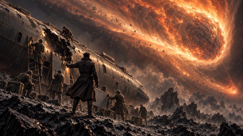 Crew repair the damaged Meteor on a dark comet as a fiery celestial mass approaches