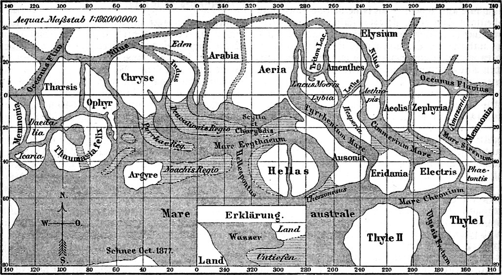 Schiaparelli's map of Mars (1890) — canali, seas, and polar regions