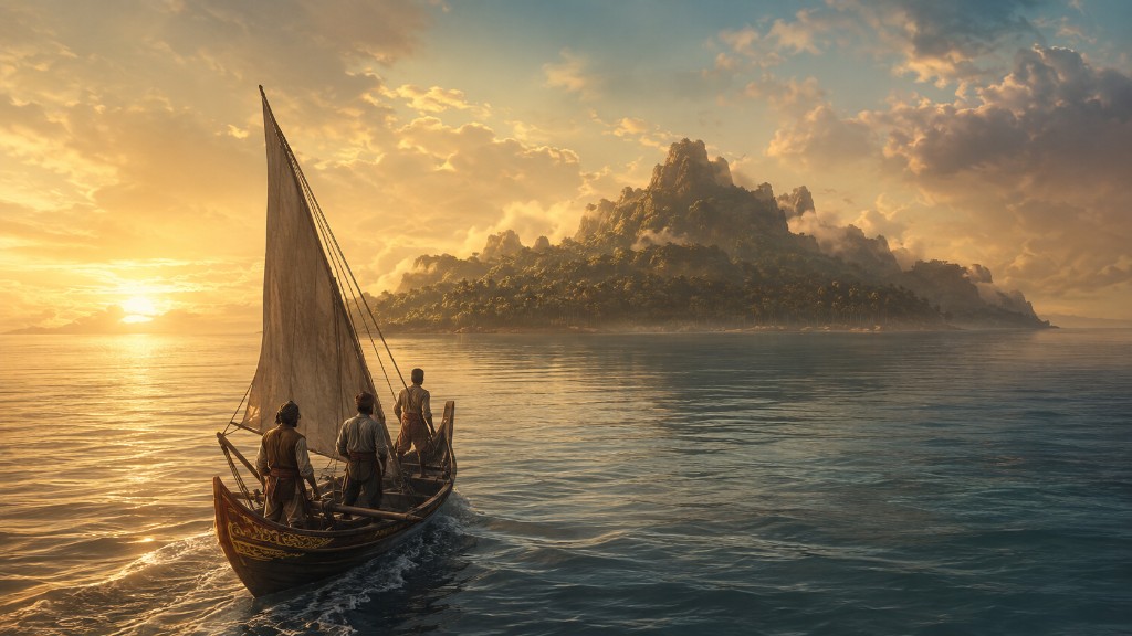 A lateen-rigged prahu sails toward a mountainous tropical island at sunset