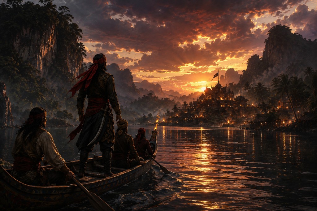 Sandokan and companions approach a lit riverside palace at sunset — Borneo return by boat