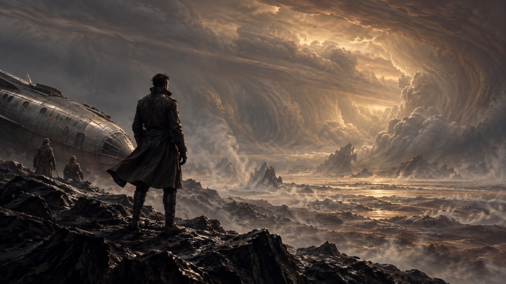 Captain Mors and crew on a rocky Jovian shore beside the Meteor under a storm-swept sky