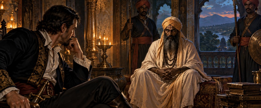 Yanez confronts the Brahmin in a palace chamber overlooking Assam at sunset