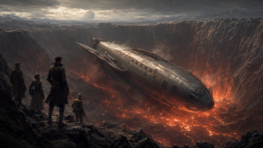 The Meteor crashed in a volcanic crater of molten lava as the crew looks on
