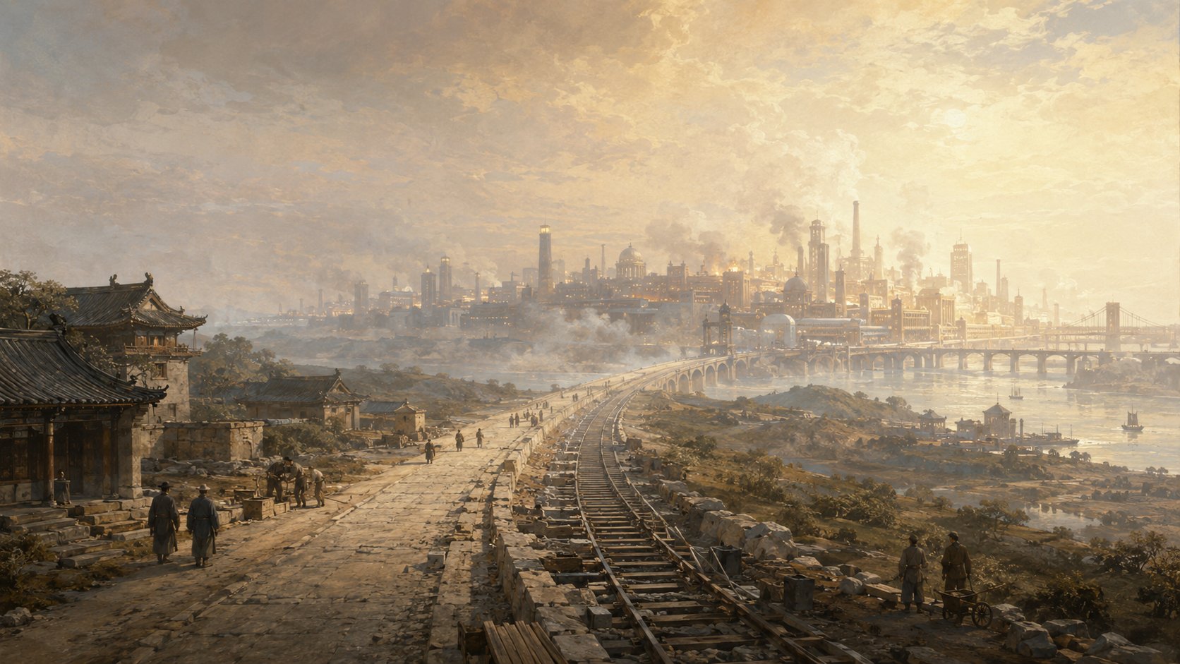 A visionary cityscape at sunset — railway and bridge leading from traditional China toward a modern metropolis
