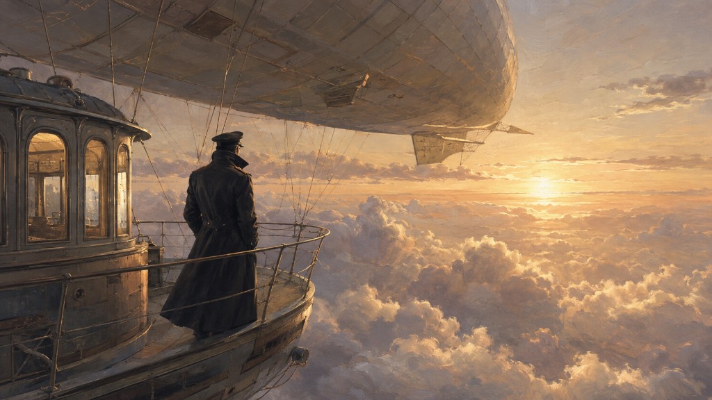 Captain Mors on the airship deck, overlooking a sea of clouds at sunset