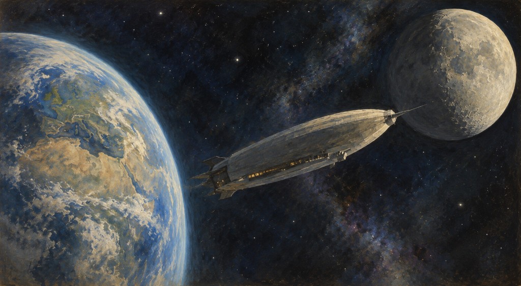 The Meteor spacecraft travels through space between Earth and the Moon
