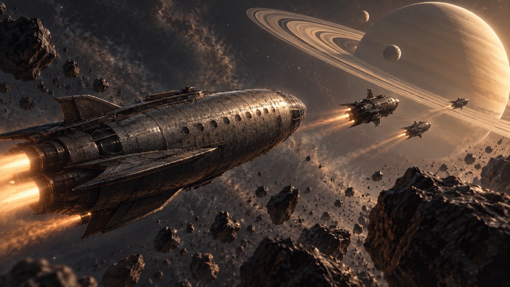 The Meteor pursues three rival spaceships through an asteroid field toward ringed Saturn
