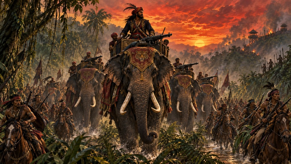 War elephants and cavalry charge through a jungle river toward a burning fort at sunset